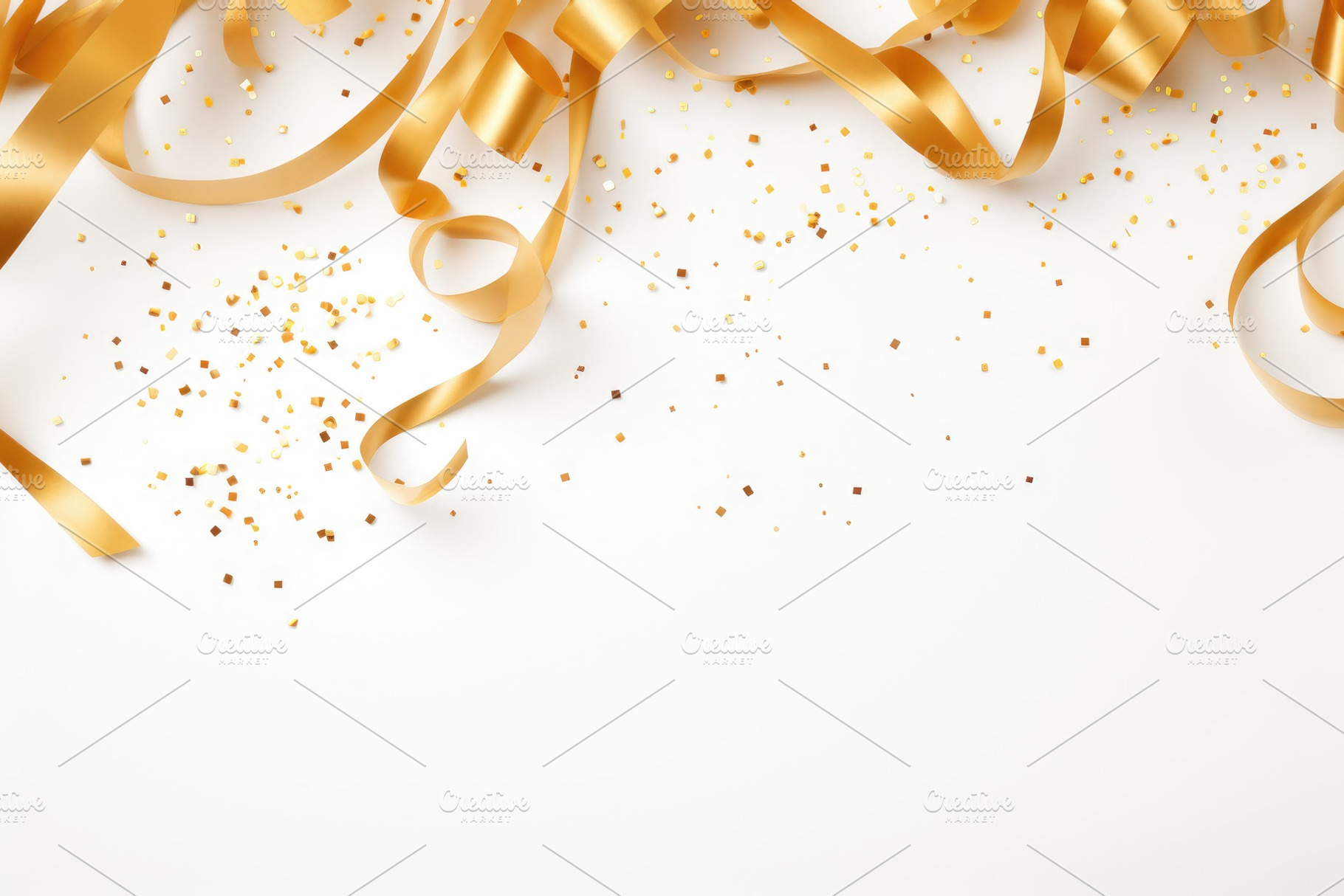 Golden confetti and ribbons on white, a Photo by Iftikhar Alam