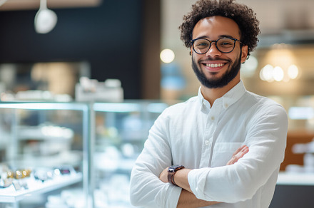 A smiling young salesman man with curly hair and glasses stands confidently wit, a Person Photo by Textures & Backgrounds