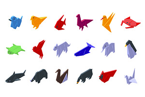 Origami Animals Icons Set Isometric