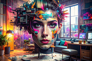 Experimental digital collage woman portrait with glitch style ba, a Photo by DanFLCreativo
