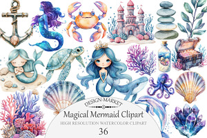 Watercolor Magical Mermaid Clipart, an Illustration by Design Market