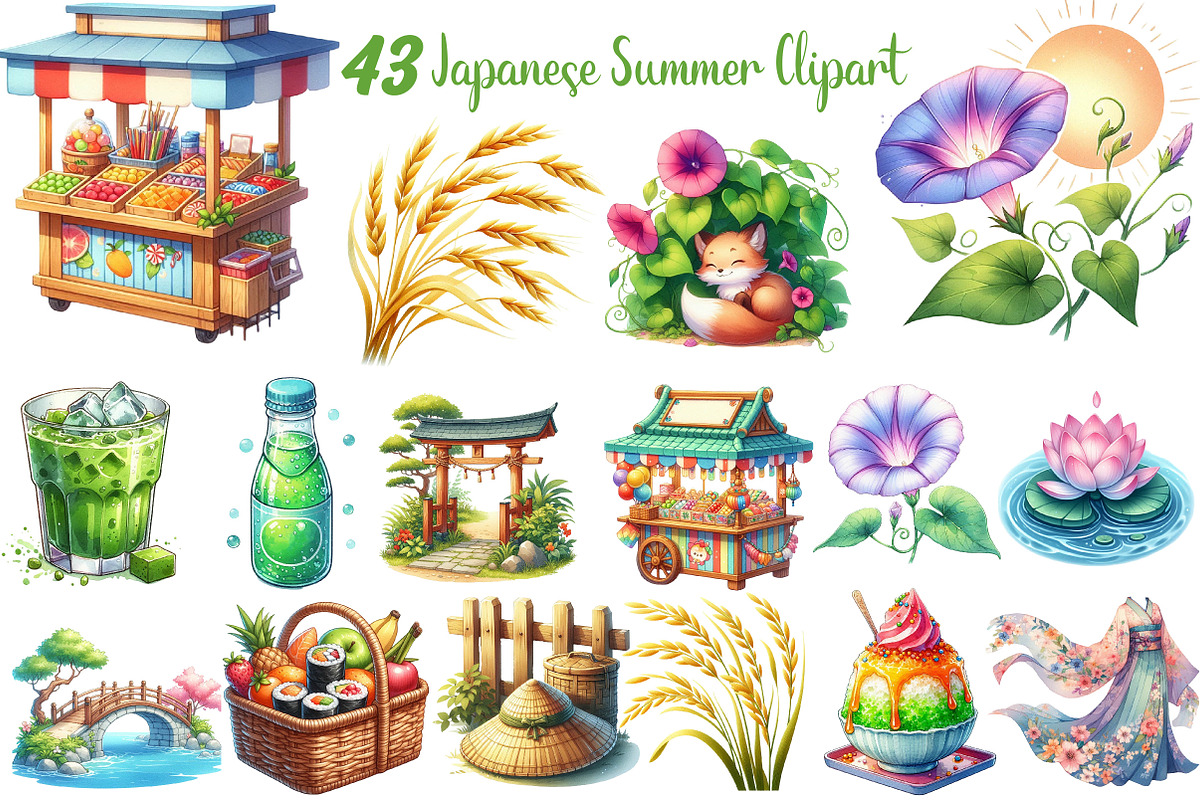 Watercolor Japanese Summer Clipart, an Illustration by DreamCafeArt (Photo 1 of 7)