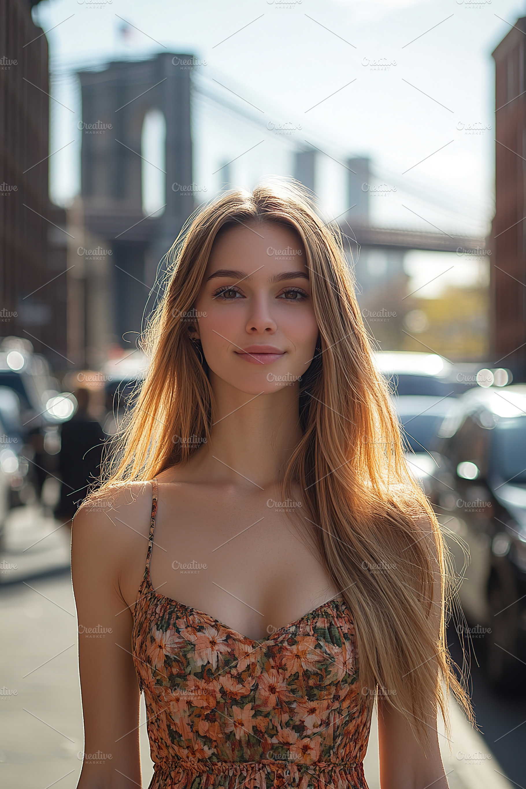 Woman standing on a sidewalk in front of the Brooklyn Bridge on a sunny day, a Person Photo by AlyaAnd