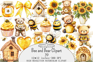 Watercolor Bee and Bear Clipart, a Seasonal Illustration by Design Market