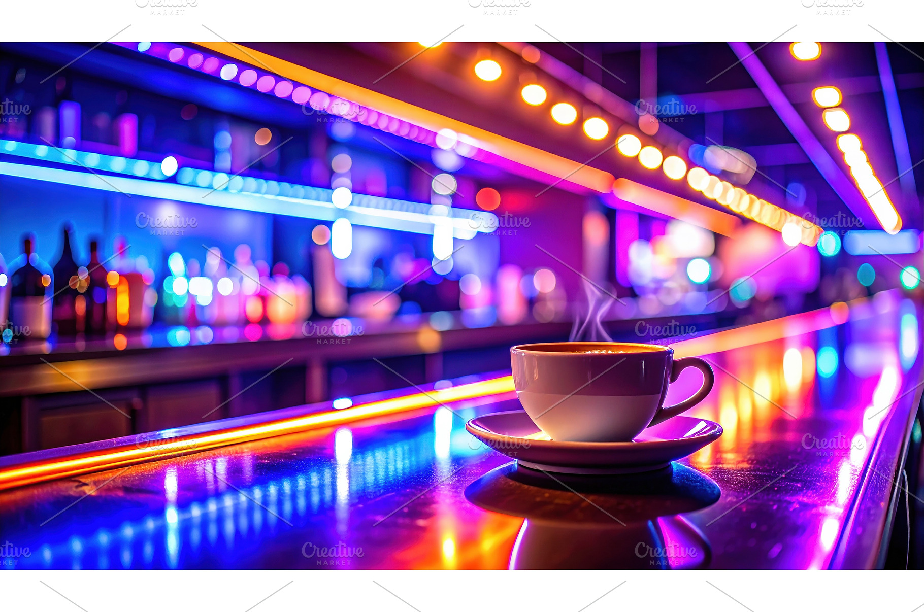 Cup of coffee on vibrant neon-lit, a Food & Drink Photo by Igor Tichonow