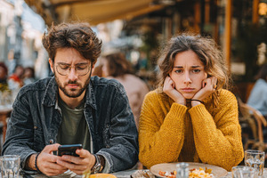 Upset couple outdoor cafe man phone, an Abstract Photo by Pixeness Studio