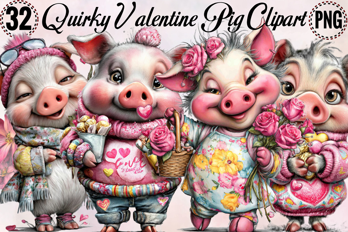 Quirky Valentine Pig Clipart, an Illustration by SVGArt (Photo 1 of 8)
