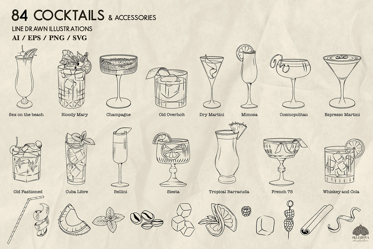 Cocktails Line Art + Procreate, a Food Illustration by Skliarova (Photo 4 of 8)