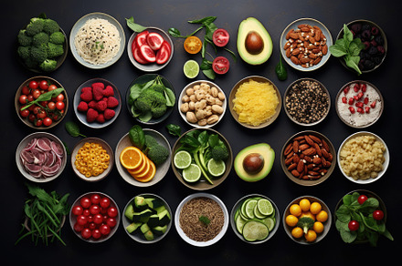 Healthy food in bowls over black bac, a Photo by Iftikhar Alam