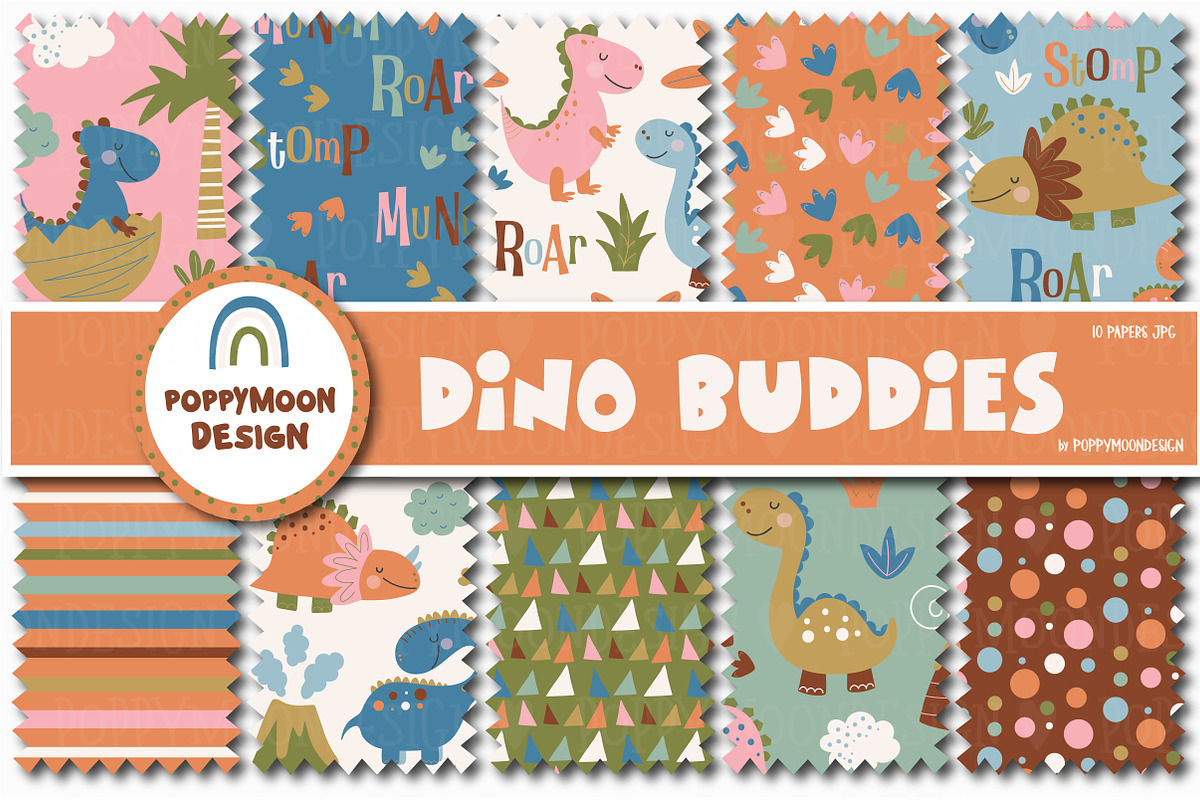 Dino Buddies clipart & paper set, an Animal Illustration by Poppymoondesign (Photo 2 of 5)