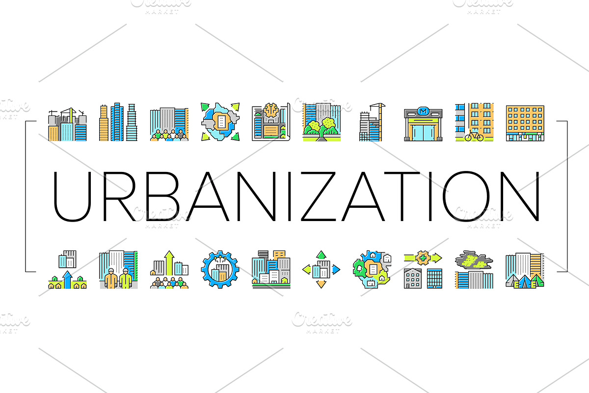 urbanization city development icons, an Illustration by pikepicture