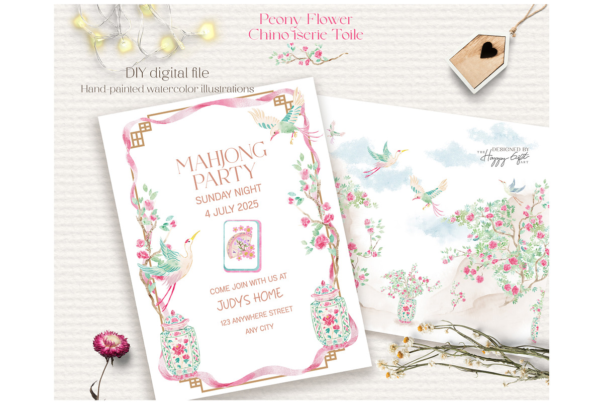 Peony chinoiserie toile cliparts, a Decorative Illustration by TheHappyGiftArt (Photo 11 of 11)