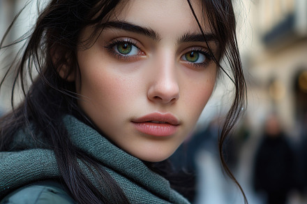 Captivating young woman with striking blue eyes in a bustling ur, a Person Photo by AlyaAnd