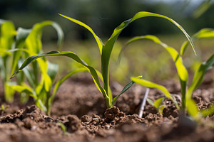 field with fresh corn sprouts in fertile soil with fertilizers, a field with or, a Photo by rsoollAI