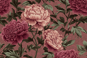 Seamless pattern peonies and leaves forming a rich botanical pat