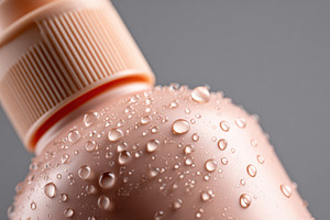 Close-up of a water droplet-covered cosmetic bottle, a Beauty & Fashion Photo by AlyaAnd