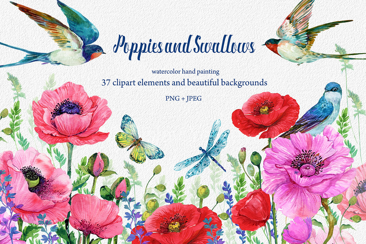 Red Poppies, flowers Clipart, Bird,, an Illustration by NickMitrushov (Photo 1 of 4)