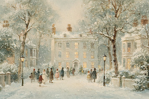 Victorian holiday scene with people gathering in snowy street, c, a Decorative Illustration by Studio ANNA