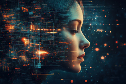 A digital art piece featuring a profile of a woman's face, surrounded by abstra, a Person Photo by Textures & Backgrounds