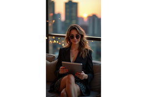 Stylish woman in sunglasses using a, an Illustration by tilialucida