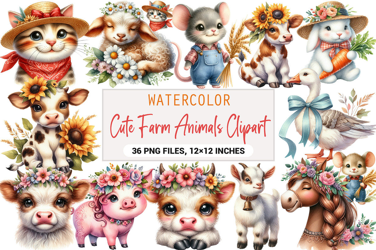 Cute Farm Animals Clipart, an Illustration by DreamArtGraphic (Photo 1 of 4)