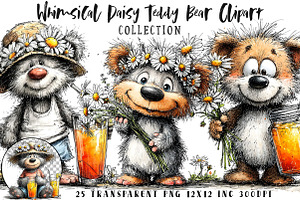 Whimsical Daisy Teddy Bear Clipart, a Seasonal Illustration by OK Design