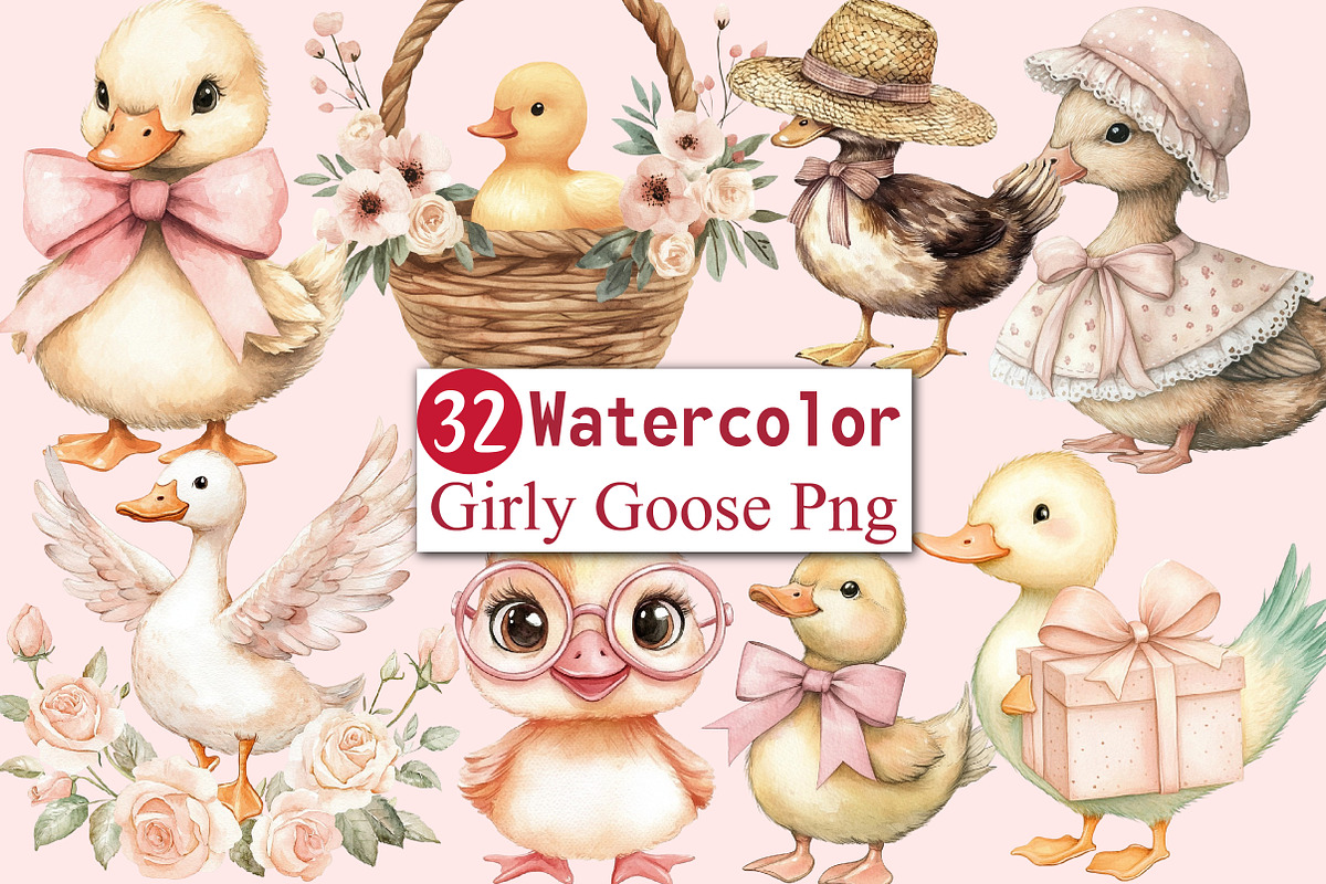 Watercolor Girly Goose Clipart, an Illustration by CitraGraphics (Photo 1 of 6)