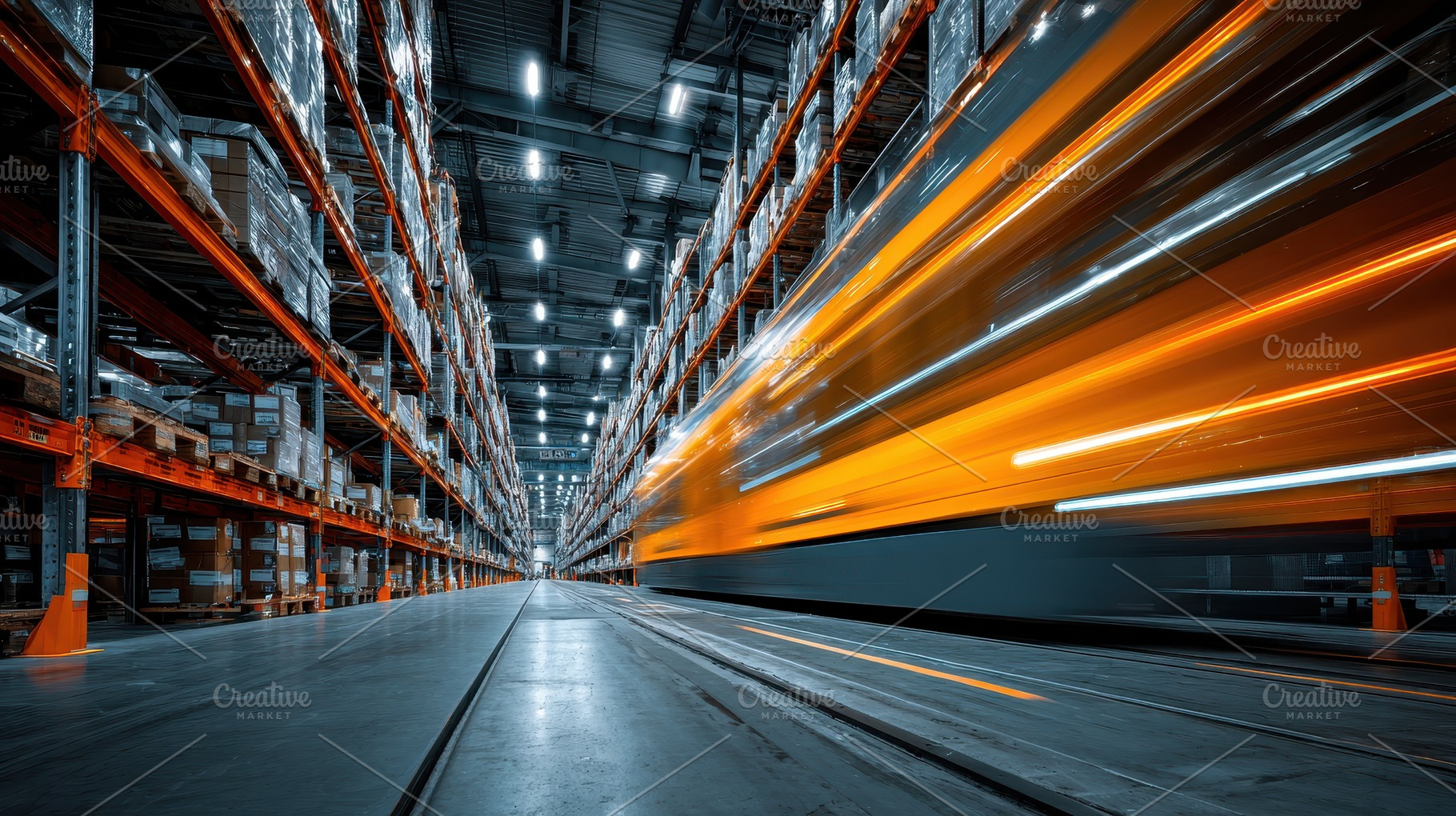 Fast train passing warehouse storage, a Photo by Pixeness Studio