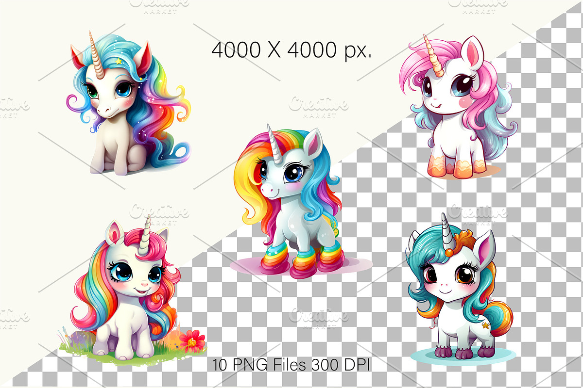 Cute rainbow unicorns 01. PNG Bundle, an Animal Illustration by KENO Mascots (Photo 2 of 9)
