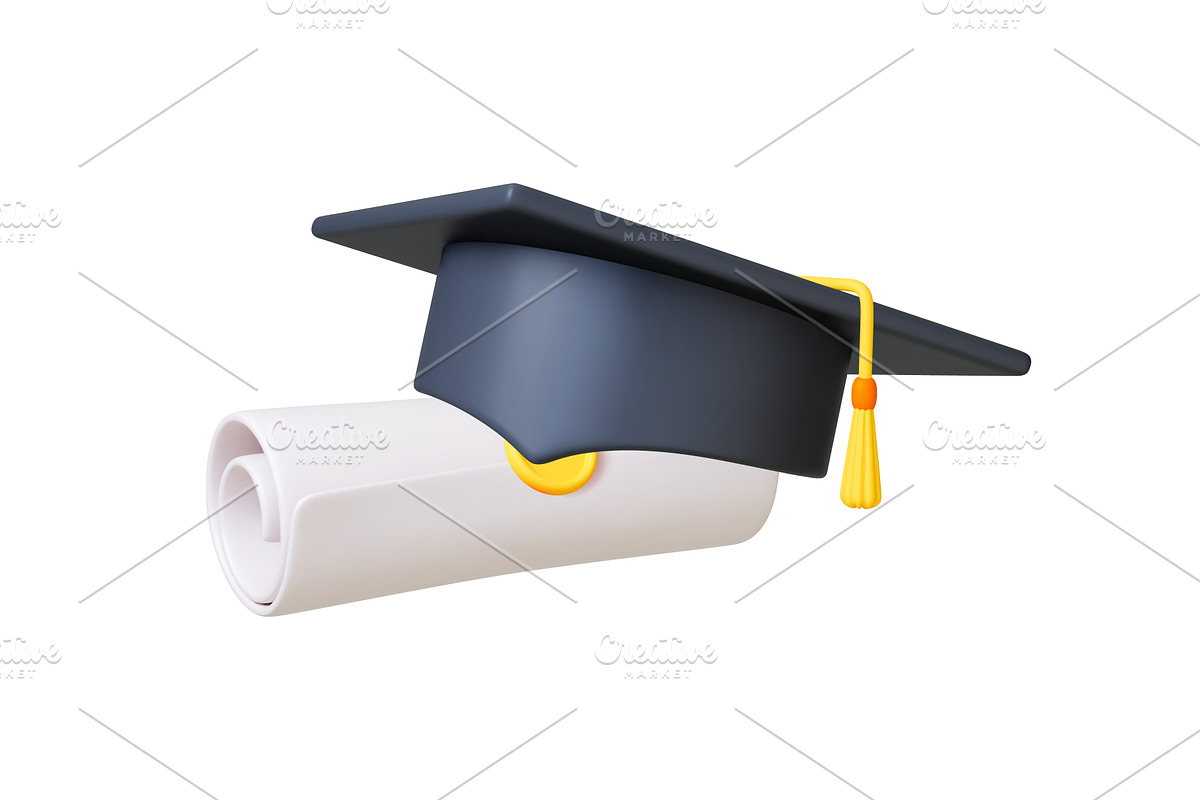 Academic hat and degree scroll 3d, an Object Illustration by Valerie Bodnar