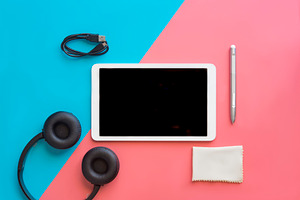 Tablet with headphones  concept mode stock photo containing above and audio