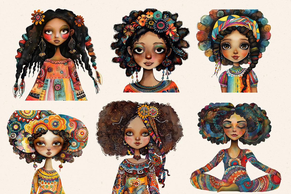 AFRO BOHO GIRLS ALL AGES CLIPART, a Person Illustration by Daring Digies (Photo 3 of 10)