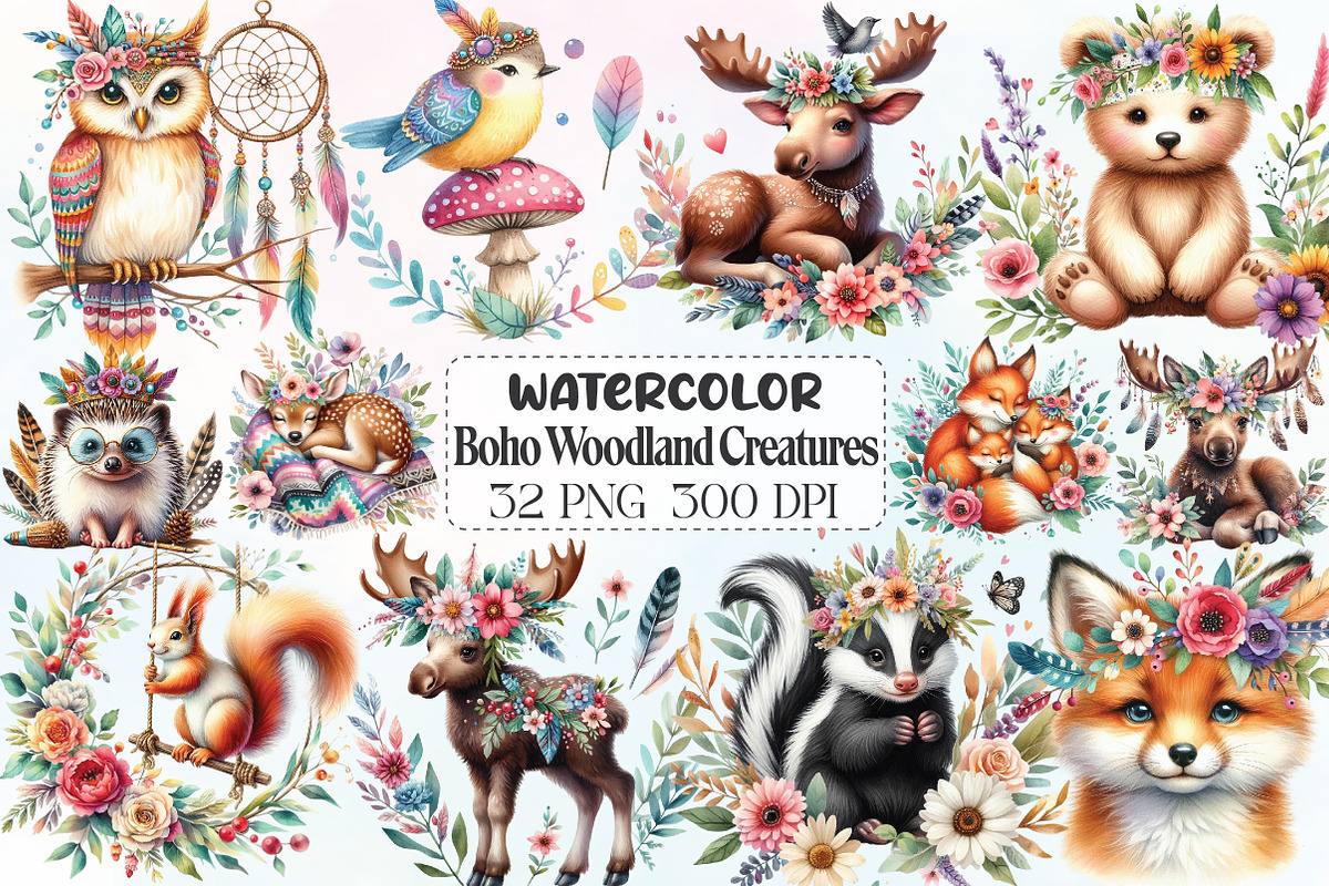 Boho Woodland Creatures Animals, an Illustration by CraftArtStudio (Photo 1 of 6)