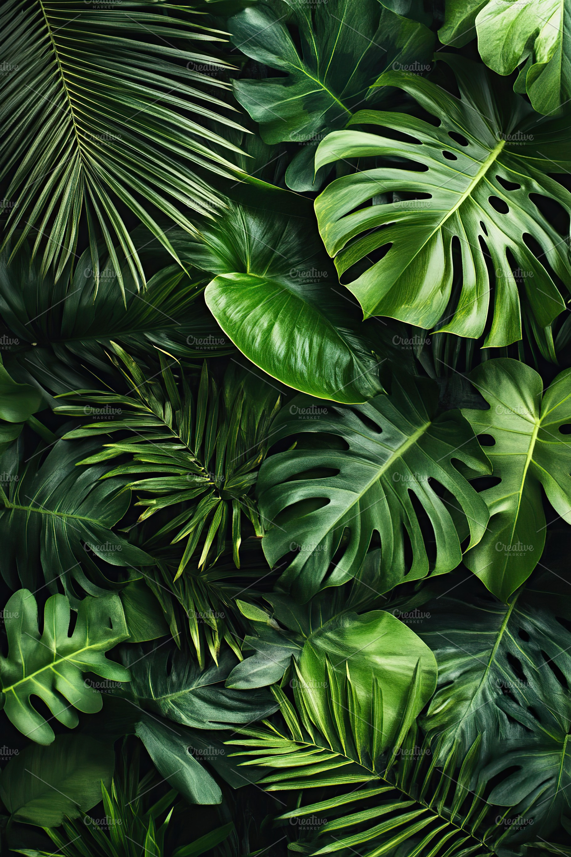 Lush tropical forest leaves create a vibrant green backdrop in a rainforest set, a Background Photo by AlyaAnd