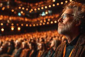 Thoughtful man observing a presentation in a theater filled with attendees, a Business Photo by AS photostudio