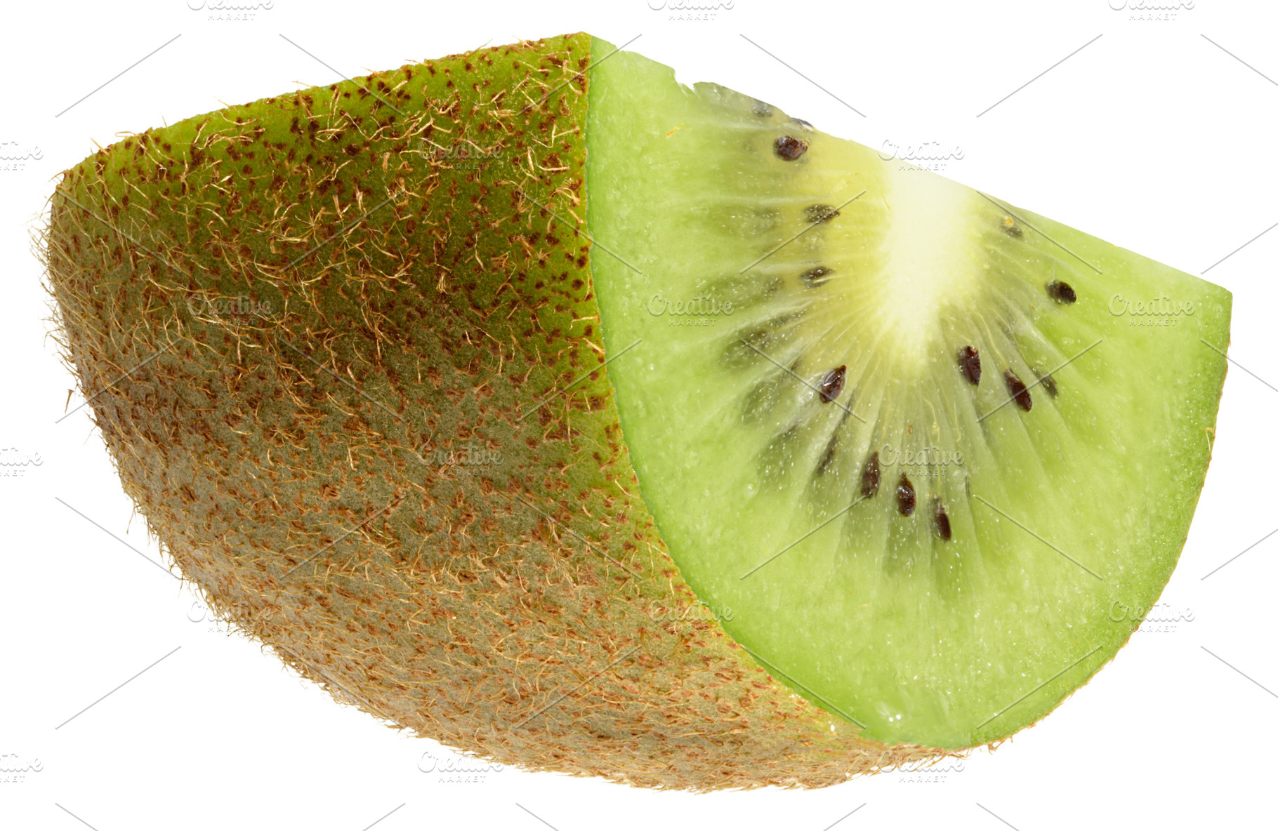 Half of ripe kiwi in brown peel on isolated background, a Food & Drink Photo by ndanko