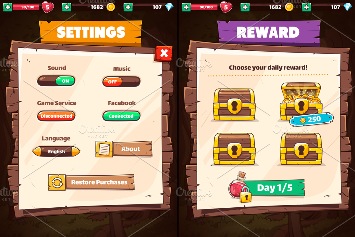 Wooden GUI for Mobile Game, an Illustration by wowu (Photo 2 of 9)