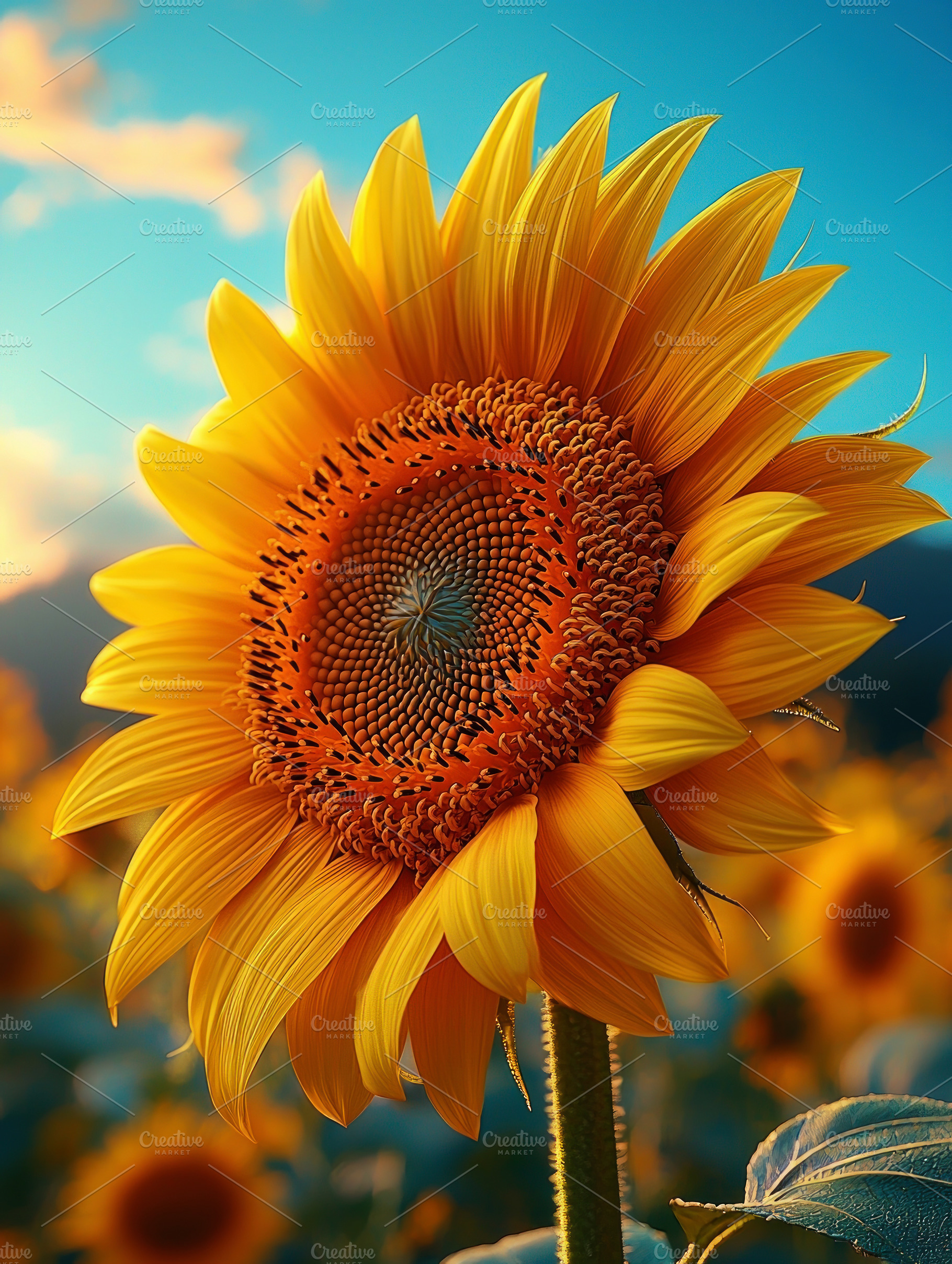 Closeup of a vibrant sunflower in golden hour light with a field, a Nature Photo by José Manuel Gelpi
