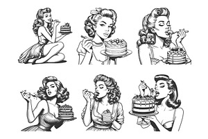 Pin-Up Women Eating Cake engraving, a Person Illustration by AlexArt