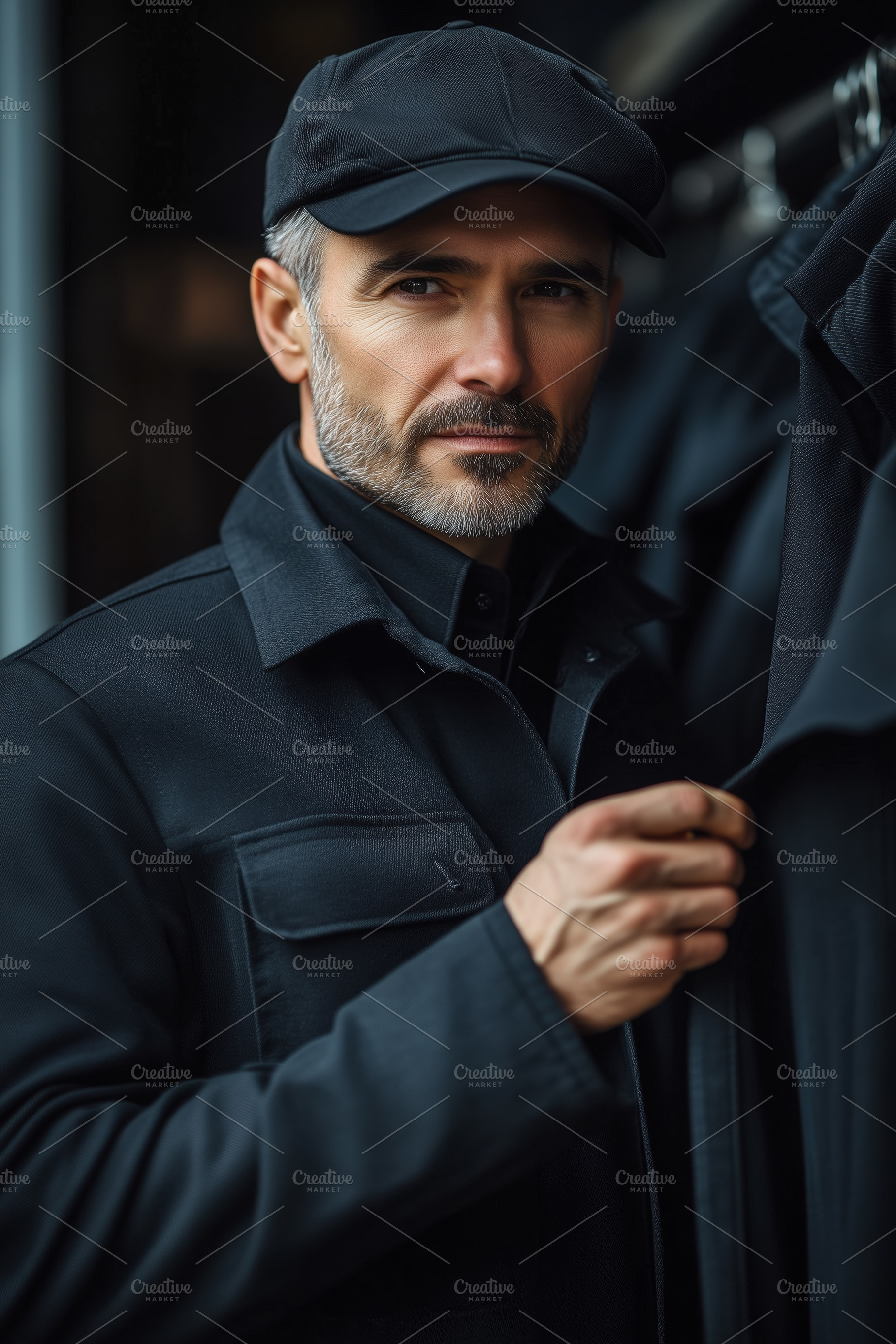A stylish garment technologist man in a black cap and jacket, posing confidentl, a Person Photo by Textures & Backgrounds