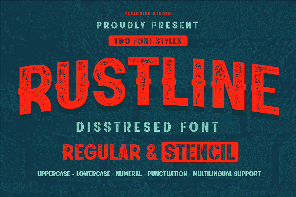 Rustline a Distressed Font, a Sans Serif Font by Rasiorise Studio (Photo 1 of 12)