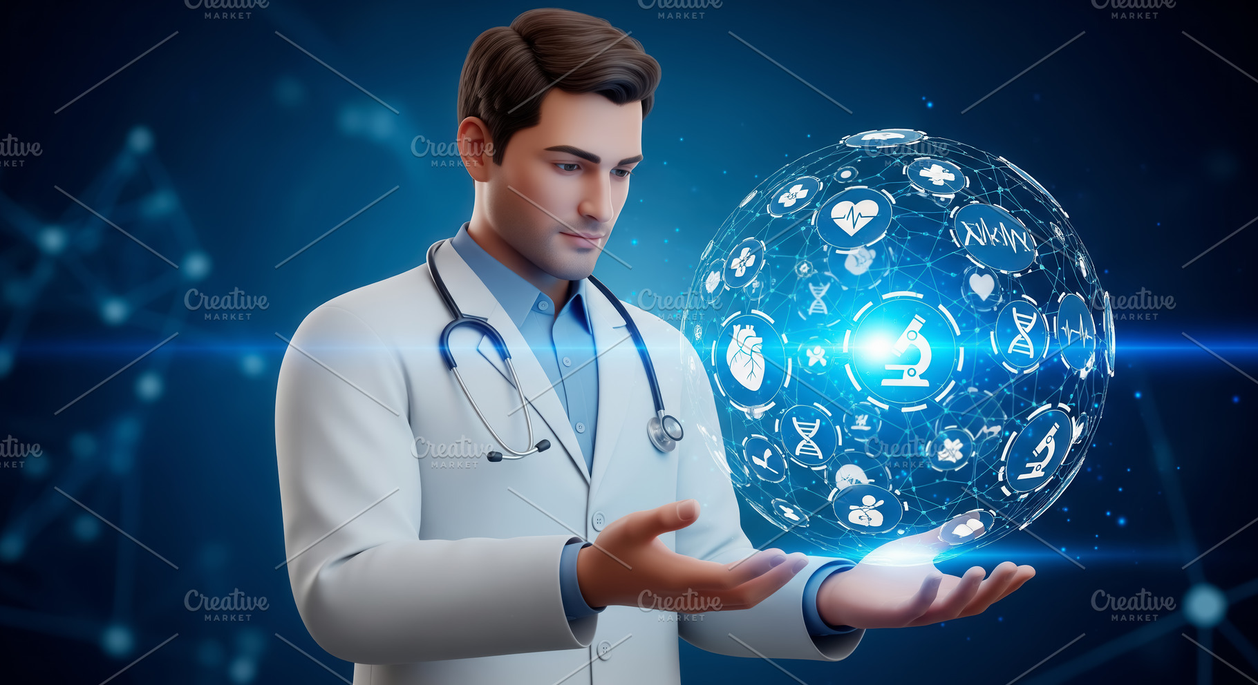 Doctor with a blue holographic spher, a Health & Medical Photo by angellodeco