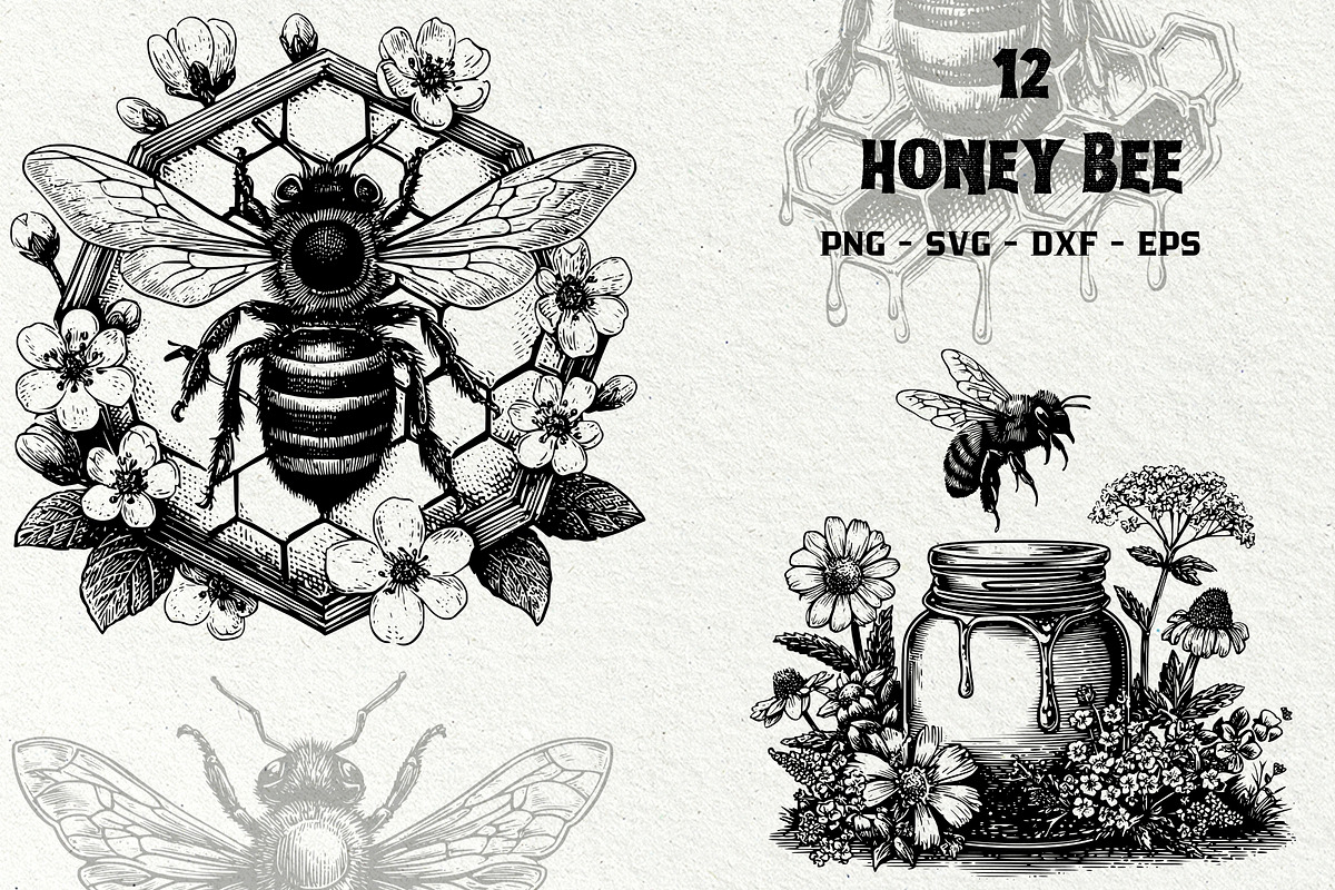 Vintage Honey Bee Illustrations, a Food Illustration by DENIDigitalArtSudio (Photo 1 of 5)