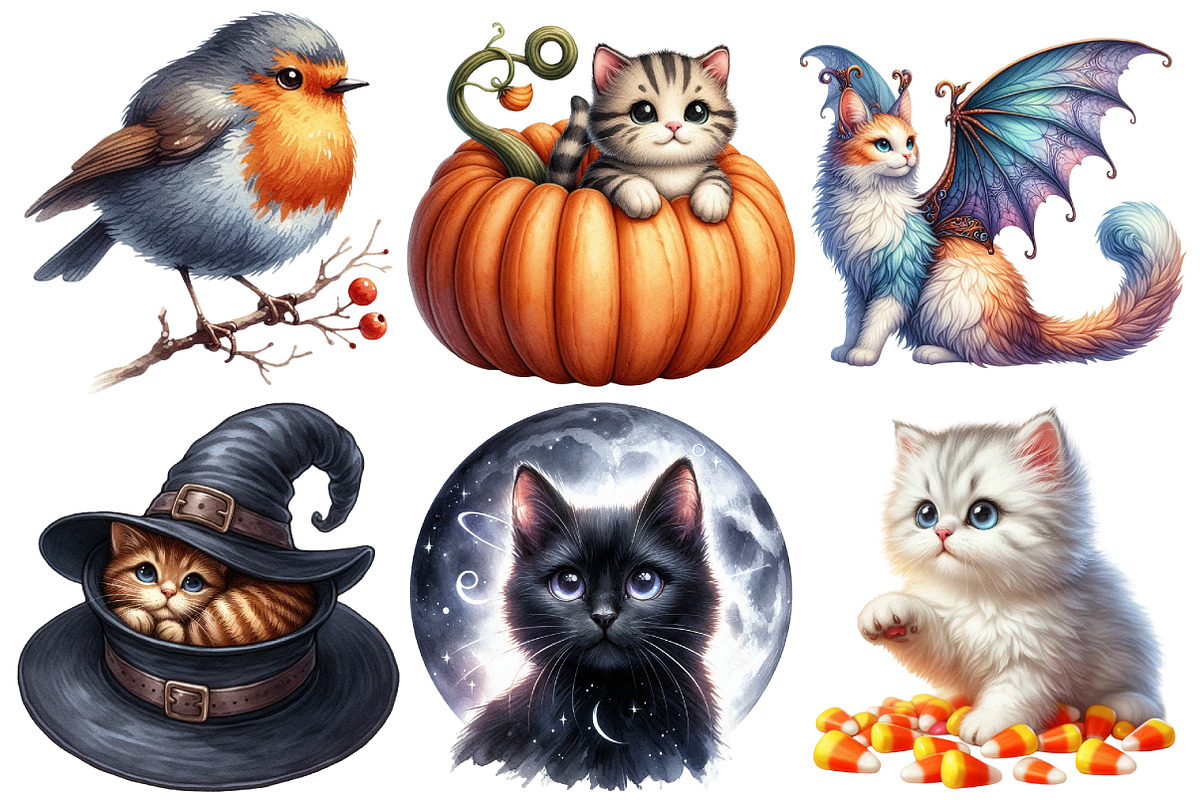 Whimsical Halloween Cat Clipart, an Illustration by Pixels.Craft (Photo 3 of 7)