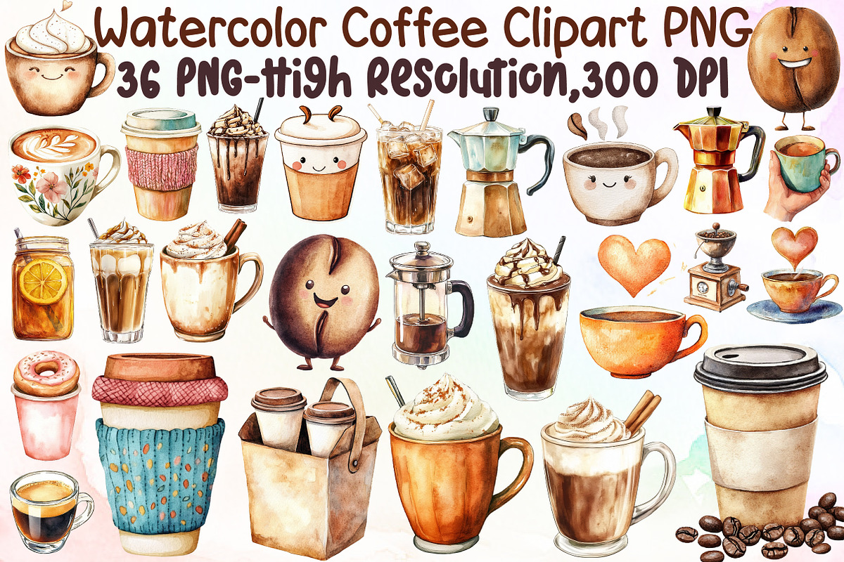 Watercolor Coffee Clipart PNG Bundle, an Illustration by Sublimation Artist (Photo 1 of 6)