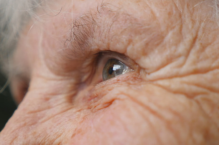 Old woman looking into the distance and smiling. Portrait of happy grandmother. Close up Side view Slow motion