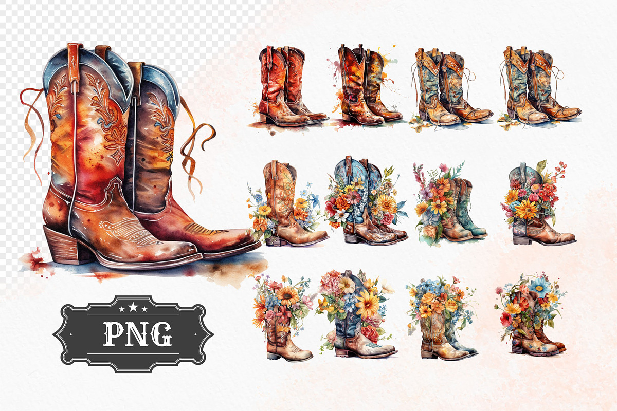 Western Flowers Boots Watercolor PNG, an Object Illustration by iloveTemplate (Photo 1 of 14)