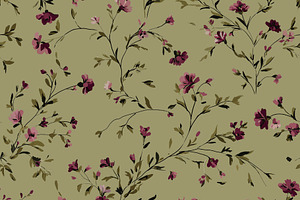 Dainty floral seamless pattern with blooming small burgundy and, a Pattern Graphic by Studio ANNA