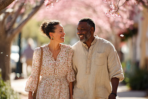Couple enjoying a joyful walk under blooming trees in a vibrant spring setting, a Photo by AlyaAnd