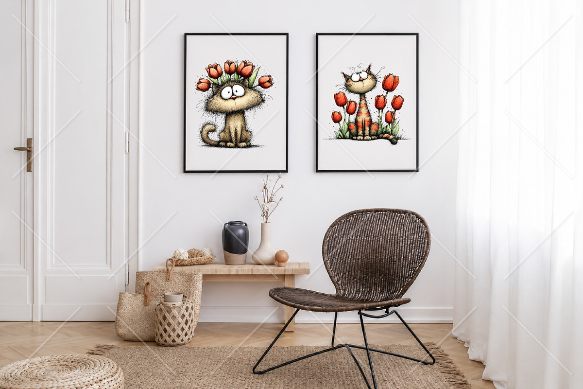 Whimsical Cat Tulips Drawing Clipart, a Seasonal Illustration by Canvas Craft (Photo 7 of 10)